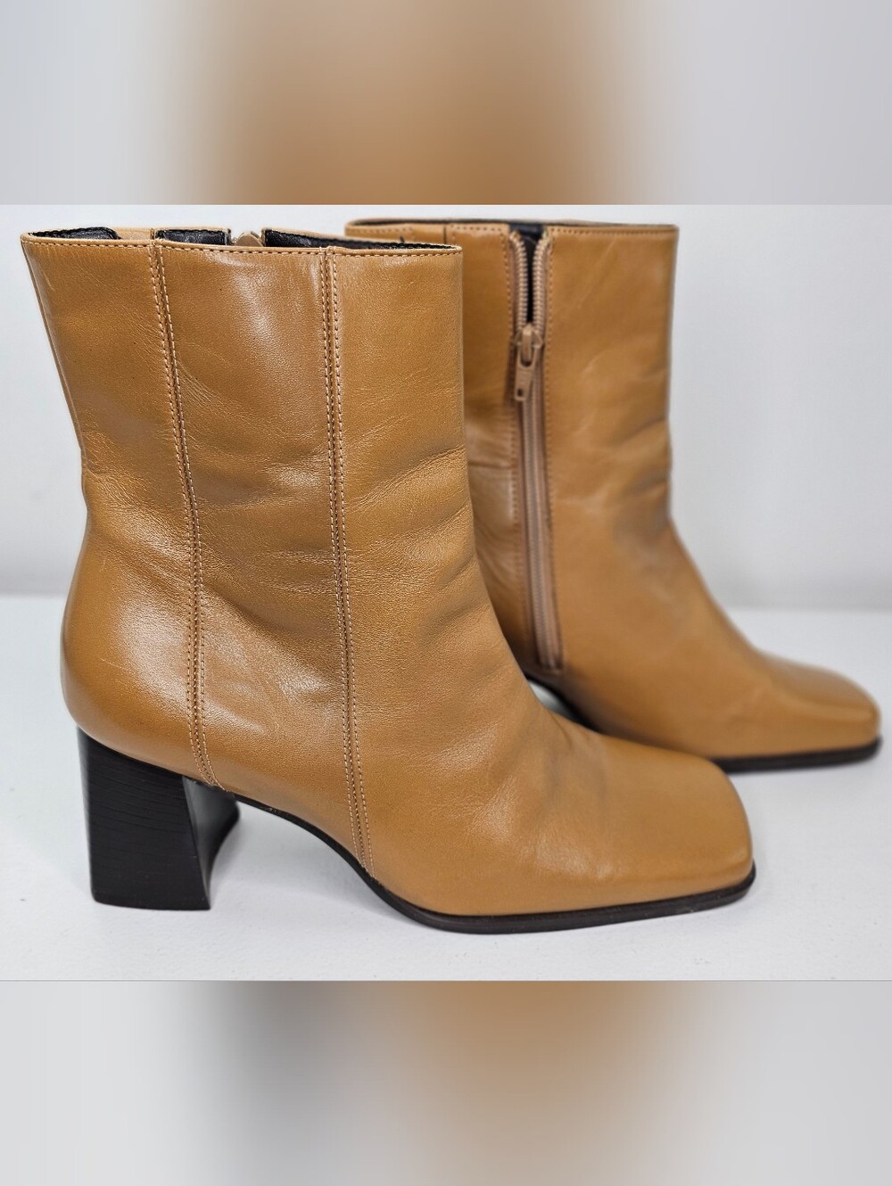 Easy Spirit Tan Leather Ankle Boots with Block Heel